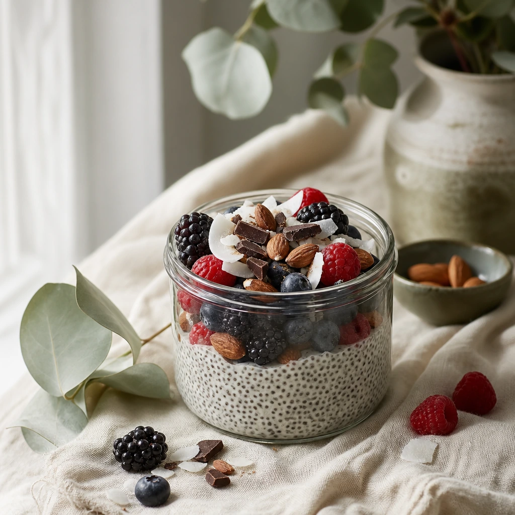 Berry Glow Chia Pudding with coconut milk, mixed berries, coconut flakes and almonds