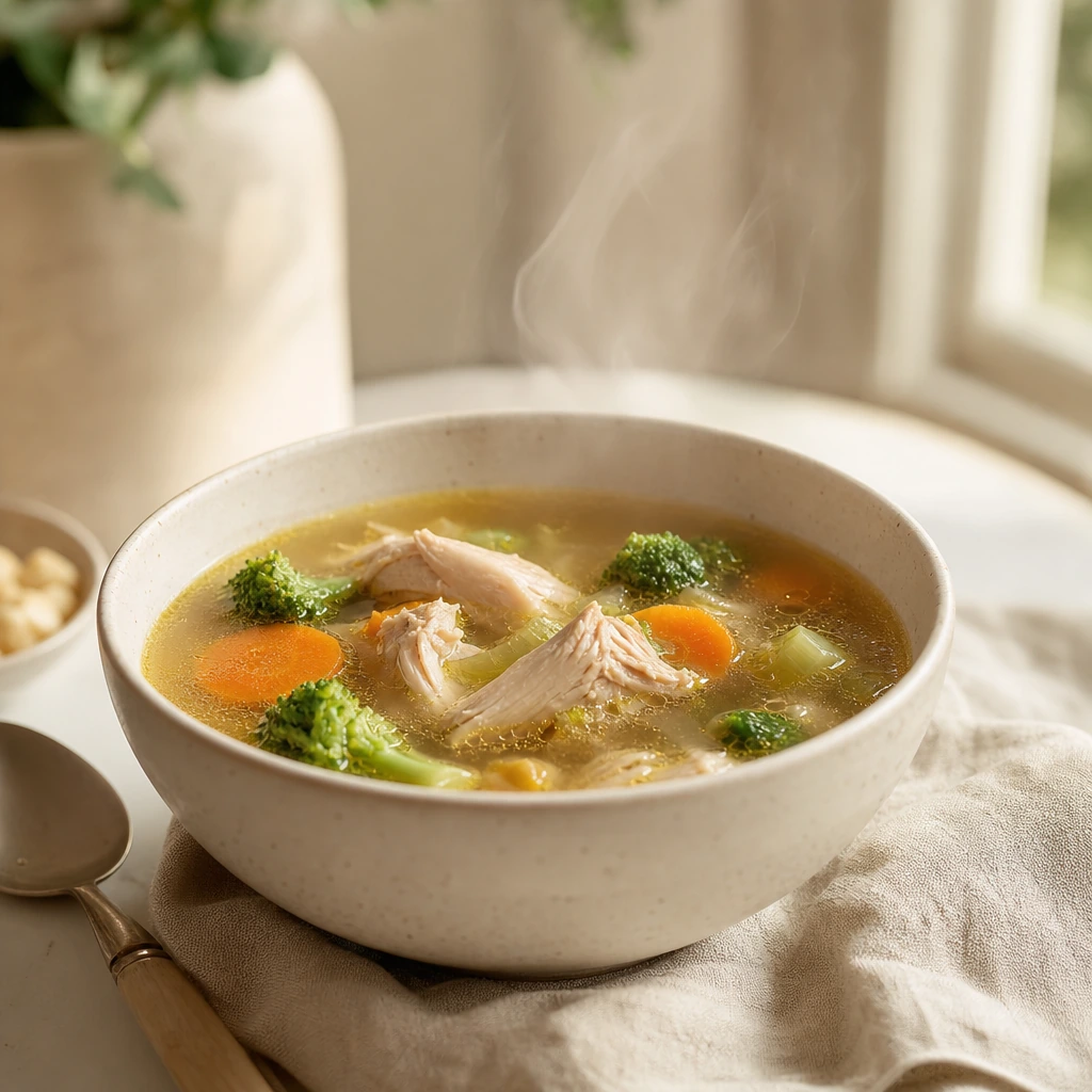 Comfort and Restore chicken bone broth with broccoli and carrot