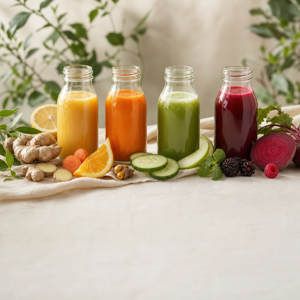 Four wellness shots: golden, orange, green and ruby juice shots in glass bottles