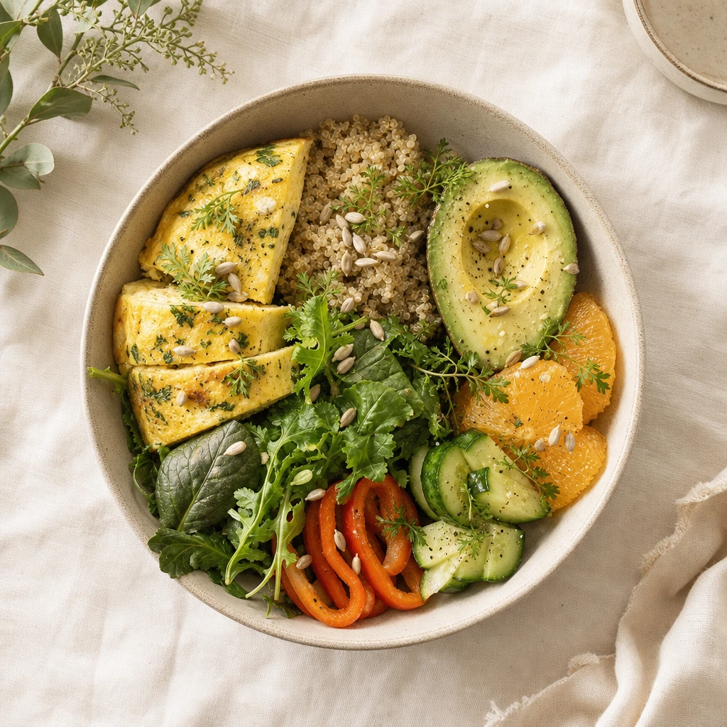 Perfect Balance Bowl with omelette, quinoa, avocado, orange and fresh vegetables